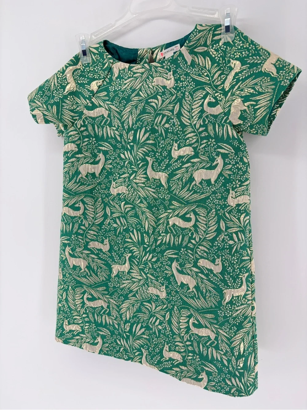 Crewcuts Girls' Short Sleeve Jacquard Dress Botanical Metallic Deer AOP
